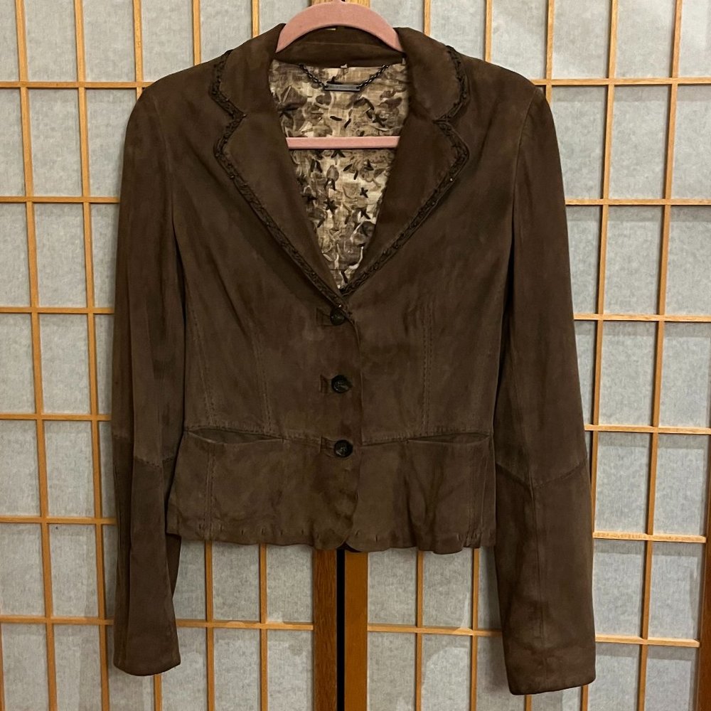 Light Brown Elie Tahari Womens Petite Small Sueded Leather Jacket with Bead Trim